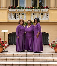 From left, Deacon Carrie Ann Jackson, the Rev. Almeta Ingram-Miller and Evangelist Cheryl Maroney-Yancey stand outside the U.S. ambassador’s residence in Belgrade, Serbia. The Ingramettes performed in cities across Serbia in May 2019.