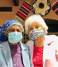 Elizabeth Havier, 89 and Sarah Parvello, 80, of the Tohono O'odham Nation in Arizona, wearing masks donated through Protect Native Elders. The mask on the left was made by Fiat Chrysler.
Credit:	Protect Native Elders