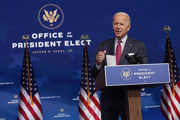 President-elect Joe Biden speaks on November job numbers in Wilmington, Delaware, on Friday, Dec. 4, 2020. (Alex Wong/Getty Images/TNS)