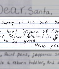 A review of letters addressed to the North Pole and collected through the Post Office's Operation Santa program reveals the pandemic is weighing heavily on children.
Credit:	USPS