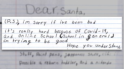 A review of letters addressed to the North Pole and collected through the Post Office's Operation Santa program reveals the pandemic is weighing heavily on children.
Credit:	USPS