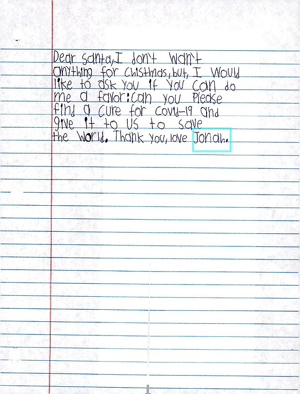 A review of letters addressed to the North Pole and collected through the Post Office's Operation Santa program reveals the pandemic is weighing heavily on children.
Credit: USPS