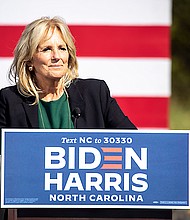 Dr. Jill Biden, wife of Democratic presidential nominee Joe Biden, speaks on October 31, 2020 in Charlotte, North Carolina.
Credit:	Jeff Hahne/Getty Images