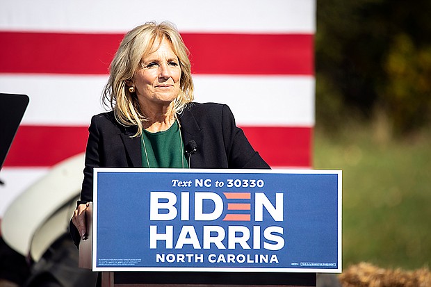 Dr. Jill Biden, wife of Democratic presidential nominee Joe Biden, speaks on October 31, 2020 in Charlotte, North Carolina.
Credit:	Jeff Hahne/Getty Images