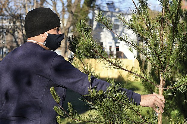 Rei Alvarez picks out a tree at Frank Pichel’s tree lot on Dec. 6. Mr. Pichel cut Charlie Brown-style Christmas trees from his land and sold them for whatever people wanted to pay to benefit the Anna Julia Cooper Episcopal School in Richmond’s East End.