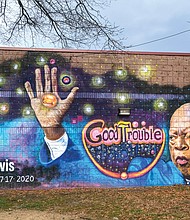 This mural of the late Georgia Congressman John R. Lewis in Fulton Hill embodies the hope that he will continue to serve as an inspiration for new generations of Richmonders. 
Location: Powhatan Community Center off Williamsburg Road in Fulton Hill. This tribute painting is the creation of artist Joshua Adam Zarambo. Before his death in July, Congressman Lewis earned recognition as a warrior for democratic values and human rights. As a young civil rights activist, he fought to end the oppression of Black people. He received national attention after Alabama state troopers nearly beat him to death in March 1965 while leading a peaceful march in Selma, Alabama, protesting the exclusion of Black people from voting. The agony he and others suffered led to passage of the federal Voting Rights Act. Fearless and outspoken, he was described as the “conscience of Congress” during the 33 years he represented Atlanta in the U.S. House of Representatives.