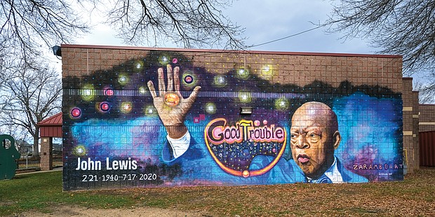 This mural of the late Georgia Congressman John R. Lewis in Fulton Hill embodies the hope that he will continue to serve as an inspiration for new generations of Richmonders. 
Location: Powhatan Community Center off Williamsburg Road in Fulton Hill. This tribute painting is the creation of artist Joshua Adam Zarambo. Before his death in July, Congressman Lewis earned recognition as a warrior for democratic values and human rights. As a young civil rights activist, he fought to end the oppression of Black people. He received national attention after Alabama state troopers nearly beat him to death in March 1965 while leading a peaceful march in Selma, Alabama, protesting the exclusion of Black people from voting. The agony he and others suffered led to passage of the federal Voting Rights Act. Fearless and outspoken, he was described as the “conscience of Congress” during the 33 years he represented Atlanta in the U.S. House of Representatives.