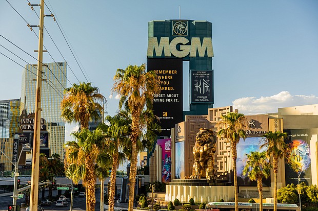 Signage is displayed in front of the MGM Grand Hotel and Casino in Las Vegas, Nevada, on July 26, 2020. The company made an $11 billion bid for a UK gambling group.
Credit:	Roger Kisby/Bloomberg/Getty Images