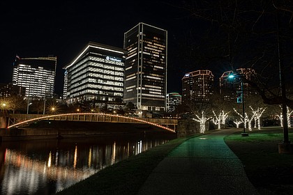 Richmond’s skyline comes to life during the holiday season, with the glow of lights embracing Downtown and the riverfront. The seasonal lighting officially got underway Dec. 4, with RVA Illuminates. This photograph of the Downtown skyline was taken from Brown’s Island.