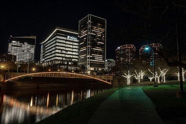 Richmond’s skyline comes to life during the holiday season, with the glow of lights embracing Downtown and the riverfront. The seasonal lighting officially got underway Dec. 4, with RVA Illuminates. This photograph of the Downtown skyline was taken from Brown’s Island.