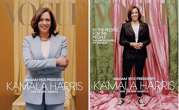 The February issue of Vogue magazine’s cover will show Vice President-elect Kamala Harris in a casual look, right, instead of the cover on the left that the Harris team approved.