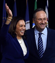 Vice President-elect Kamala Harris and her husband Douglas Emhoff, seen here in Wilmington, Delaware, on August 12, 2020, recall their first date: "It felt like we had known each other forever."
Credit:	OLIVIER DOULIERY/AFP/Getty Images