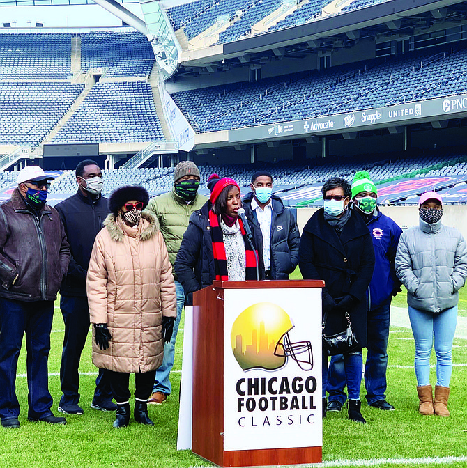 LaToyia Huggins, executive director of Christmas in the Wards, talks about the importance of the partnership between Christmas in the Wards and the Chicago Park District. Photo by Tia Carol Jones