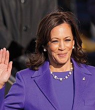 Vice President Kamala Harris is sworn in by U.S. Supreme Court Justice Sonia Sotomayor, the first Latina on the nation’s highest court, as her husband, doug Emhoff holds two Bibles, one that belonged to the late Justice Thurgood Marshall, the first African-American on the nation’s highest court, and the other that belonged to Regina Shelton, a neighbor who was like a second mother to Vice President Harris.