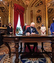 Shortly after the inaugural ceremony on Jan. 20, President Joe Biden gets to work signing documents in the President’s Room at the U.S. Capitol.