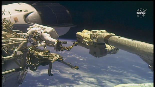 Astronauts Mike Hopkins and Victor Glover Jr. conducted their first spacewalk together on Wednesday, January 27.
Credit: NASA