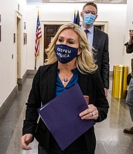 Rep. Marjorie Taylor Greene (R-GA) leaves her office at the US Capitol on February 03, 2021 in Washington, DC.
Credit:	Tasos Katopodis/Getty Images