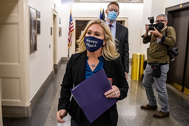 Rep. Marjorie Taylor Greene (R-GA) leaves her office at the US Capitol on February 03, 2021 in Washington, DC.
Credit:	Tasos Katopodis/Getty Images