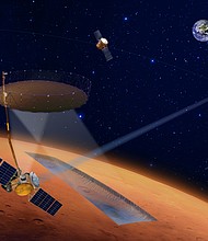 This artist's illustration shows the four orbiters of the International Mars Ice Mapper (I-MIM) mission concept.
Credit:	NASA