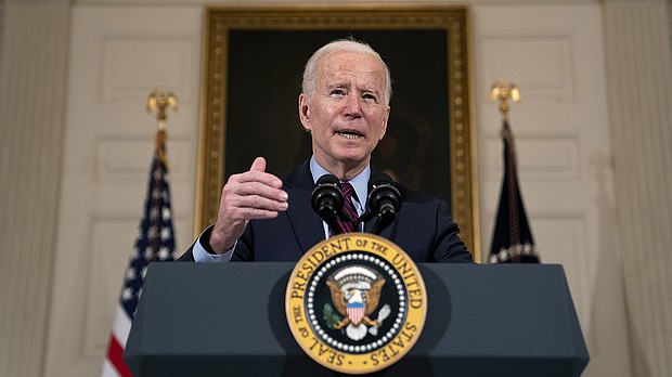 U.S. President Joe Biden delivers remarks on the national economy and the need for his administration's proposed $1.9 trillion coronavirus relief legislation in the State Dining Room at the White House on February 05, 2021 in Washington, DC.
Credit:	Stefani Reynolds/Pool/Getty Images