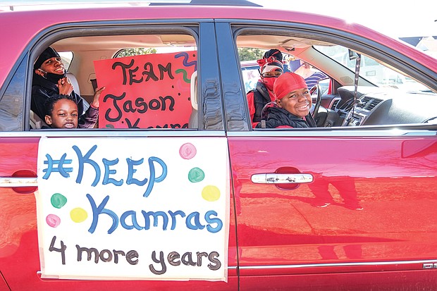 The Erby family shows their support for Superintendent Jason Kamras and a four-year extension of his contract during an 80-vehicle, “#KeepKamras” parade last Saturday in South Side. They are Richmond Public Schools students, from left, Elijah Erby, 5; Christopher Erby, 13; and Lamar Erby, 11, with their mom, Tisha Erby.