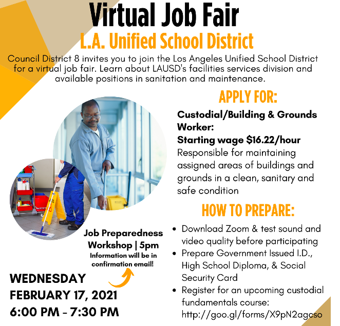 LAUSD Virtual Job Fair on Wednesday, February 17th at 600 pm on Zoom
