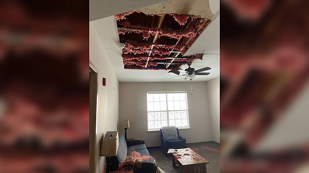 The roof of Genesis Women's Shelter & Support's transitional housing was badly damaged in the Texas storms, causing damage inside.
Credit:	Courtesy Genesis Shelter