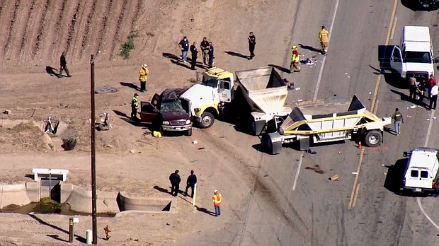 An SUV packed with people and a semitruck slammed into each other near the Mexican border on Tuesday morning.
Credit: KCAL/KCBS