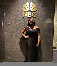 Anna Berger, a Delta flight attendant who was among a select number of frontline workers at the Golden Globes, in her awards show outfit.
Credit:	Courtesy Anna Berger