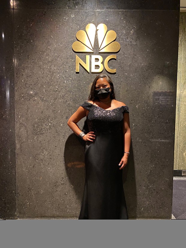 Anna Berger, a Delta flight attendant who was among a select number of frontline workers at the Golden Globes, in her awards show outfit.
Credit:	Courtesy Anna Berger