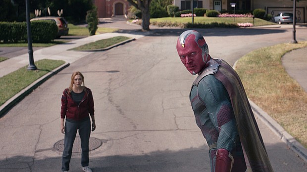Elizabeth Olsen as Wanda and Paul Bettany as the Vision in the 'WandaVision' finale.
Credit:	Marvel Studios