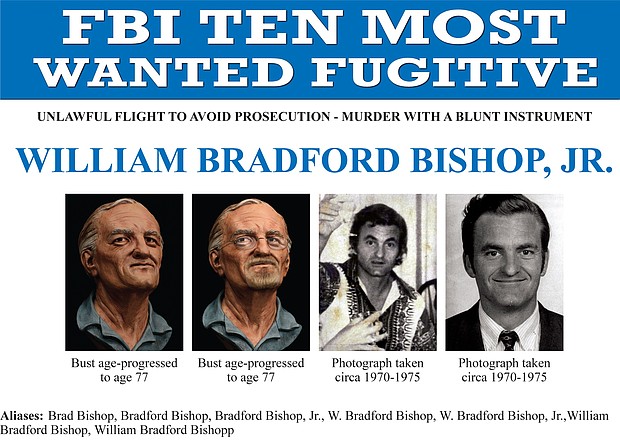 Photos of William Bradford Bishop from the FBI's wanted poster for him. At left is an age-progressed bust of Bishop while the two photos at right are from the 1970s.
Credit:	FBI/AFP/Getty Images