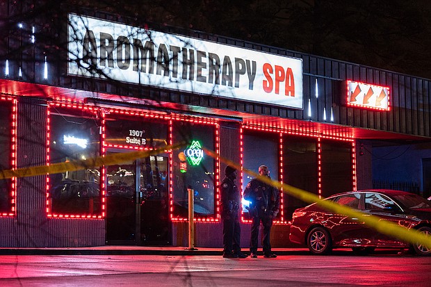 Six of the eight people who were shot dead at three metro Atlanta massage parlors on Tuesday were Asian women, the Atlanta Journal-Constitution reported, citing authorities.
Credit:	Elijah Nouvelage/AFP/Getty Images