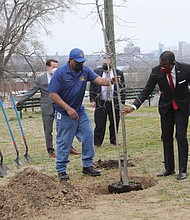 Mayor Levar M. Stoney, right, gets a hand from John Harris of the city Department of Parks, Recreation and Community Facilities, in planting an oak tree overlooking the city at the Powhatan Community Center on Fulton Hill last Friday. The tree planting was part of a small, somber ceremony marking COVID-19 Day of Remembrance and the first anniversary of the pandemic.