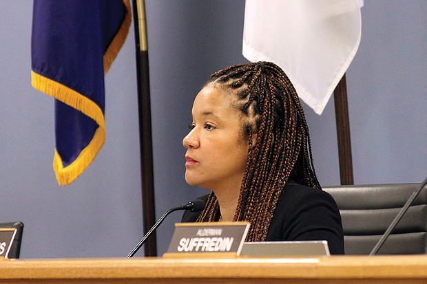 In this Nov. 25, 2019, file photo, Alderman Robin Rue Simmons, 5th Ward, proposes a reparations fund during a City Council meeting in Evanston, lll. Using tax money from the sale of recreational marijuana, the Chicago suburb of Evanston has become the first U.S. city to make reparations available to its Black residents for past discrimination and the lingering effects of slavery. Ms. Simmons proposed the program that was adopted in 2019.