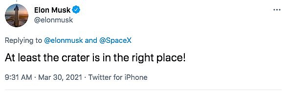 Elon Musk responds with this tweet after an experimental rocket that SpaceX launched at its South Texas facilities on March 30 appears to have exploded, but heavy fog at the landing site left even SpaceX uncertain about what had occurred.
Mandatory Credit:	@elonmusk/Twitter