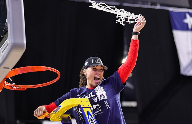 For the first time in NCAA women's tournament history, there will be two Black women head coaches in the same Final Four. Adia Barnes, seen here on March 29, and her Arizona team will make their debut appearance.
Mandatory Credit:	Carmen Mandato/Getty Images North America/Getty Images