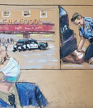 Former Minneapolis Police officer Derek Chauvin watches a screen showing video of the scene outside Cup Foods during his trial March 30 for second and third degree murder and second degree manslaughter in the death of Mr. Floyd in Minneapolis in this courtroom sketch from a video feed of the proceedings.