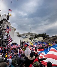 Two US Capitol Police officers who say they were injured during the January 6 insurrection, seen in this photo, are suing former President Donald Trump for inciting the crowd.
Mandatory Credit:	Brent Stirton/Getty Images