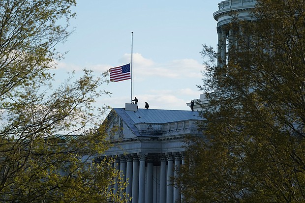 House Speaker Nancy Pelosi and Senate Majority Leader Chuck Schumer announced on April 6 that fallen Capitol Police Officer William "Billy" Evans, who was killed as the result of an attack on the Capitol last week, will lie in honor in the Capitol Rotunda.
Mandatory Credit:	Alex Brandon/AP