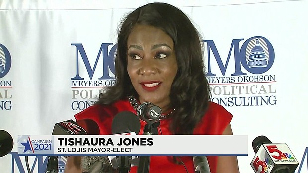 Treasurer Tishaura Jones defeated Ward 20 Alderwoman Cara Spencer in the St. Louis Mayoral election Tuesday night, becoming the first Black female mayor in the city's history.
Mandatory Credit:	KMOV
