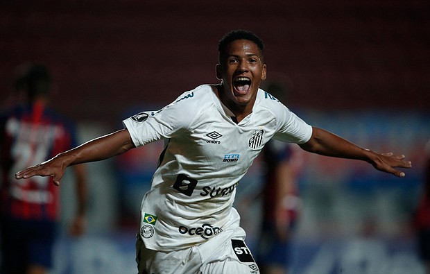 Angelo Gabriel celebrates after scoring a goal against San Lorenzo. He became the youngest goalscorer in Copa Libertadores history on April 6.
Mandatory Credit:	NATACHA PISARENKO/AFP/AFP via Getty Images