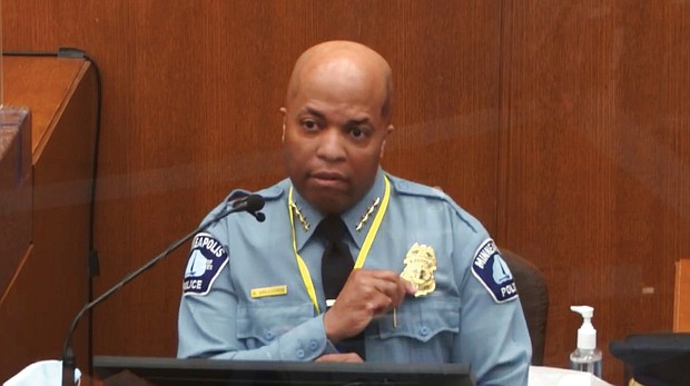 n this image from video, Minneapolis Police Chief Medaria Arradondo testifies Monday about the knee restraint used by former officer Derek Chauvin in the May 25 arrest and killing of George Floyd.