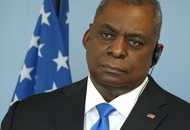 U.S. Defense Secretary Lloyd Austin listens to a reporter's question while addressing the media with German Defense Minister Annegret Kramp-Karrenbauer following talks at the Defense Ministry on April 13 in Berlin, Germany. Austin announced that the United States will deploy an additional 500 military personnel to Germany.
Mandatory Credit:	Sean Gallup/Getty Images