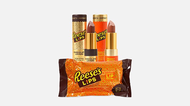 Reese's is teaming up with makeup company HipDot for a limited-edition collection that includes a eye shadow palettes in "milk chocolate" and "white chocolate" with six shades in each, as well as two lip balms and two makeup brushes.
Mandatory Credit:	Courtesy HipDot