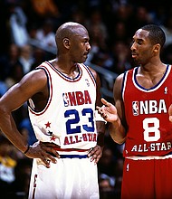 When Los Angeles Lakers great Kobe Bryant is posthumously enshrined in the basketball Hall of Fame on May 15 he'll be welcomed in by arguably the sport's greatest player -- Michael Jordan. They are seen here at the 2003 NBA All-Star Game.
Mandatory Credit:	Andrew D. Bernstein/NBAE/Getty Images