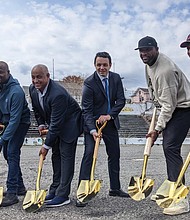 Joining in the ceremonial groundbreaking on April 14 for the $94 million renovation of Hinchliffe Stadium are, from left, Larry Doby Jr., son of the late trailblazing MLB hall of famer Larry Doby Sr. who grew up in Paterson, N.J.; former major leaguer Harold Reynolds; former Mets manager Omar Minaya; Paterson Mayor Andre Sayegh; and former major leaguers C.C. Sabathia and Willie Randolph.