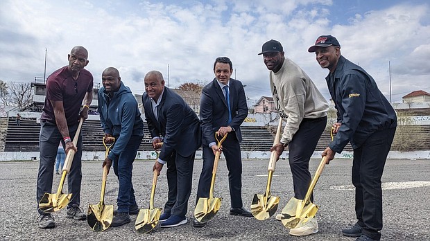 Joining in the ceremonial groundbreaking on April 14 for the $94 million renovation of Hinchliffe Stadium are, from left, Larry Doby Jr., son of the late trailblazing MLB hall of famer Larry Doby Sr. who grew up in Paterson, N.J.; former major leaguer Harold Reynolds; former Mets manager Omar Minaya; Paterson Mayor Andre Sayegh; and former major leaguers C.C. Sabathia and Willie Randolph.