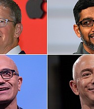 Apple is the only American company to reach a $2 trillion market value. Microsoft is worth just under $2 trillion. Amazon has a market capitalization of $1.7 trillion, and Google owner Alphabet is worth about $1.5 trillion. Their CEO's are pictured here.
Mandatory Credit: Getty Images