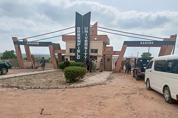 Two students who were kidnapped from a university in northern Nigeria last Tuesday have been killed, making it a total of five Greenfield University students killed by their abductors. A general view of the gate of the Greenfield University in Kaduna, Nigeria, is shown on April 21, 2021.
Mandatory Credit:	Nasu Bori/AFP/Getty Images